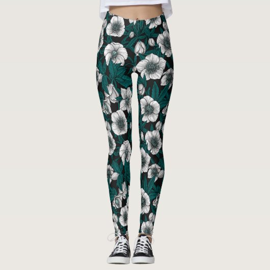 Witte Hellebores met blauwe bladeren Leggings (Voorkant)