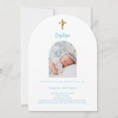 Witte hemel blauwe baby jongen foto boog Doop Kaart (Voorkant)