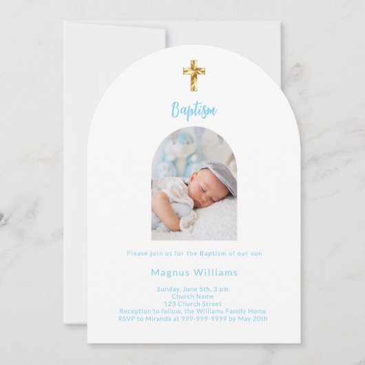 Witte hemel blauwe baby jongen foto boog Doop Kaart (Voorkant)