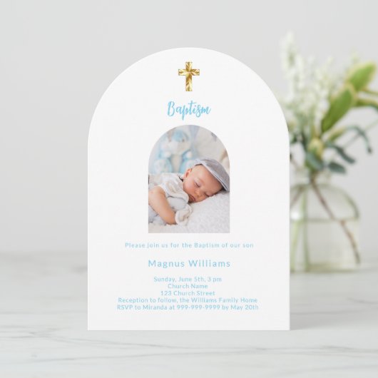 Witte hemel blauwe baby jongen foto boog Doop Kaart (Staand voorkant)