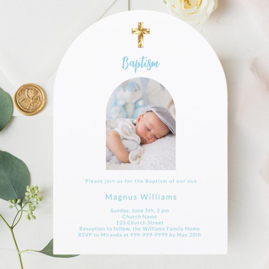 Witte hemel blauwe baby jongen foto boog Doop Kaart