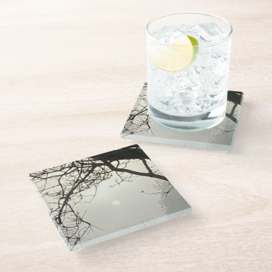 Witte hemel en zon dramatisch omlijst door bomen glazen onderzetter (Schuin)