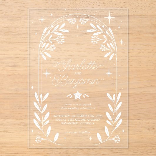 Witte Hemelse Sterrenboog Huwelijk Acryl Uitnodigingen (Voorkant)