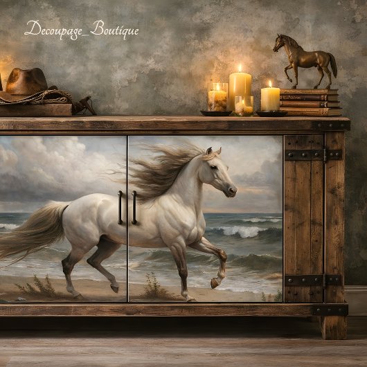 Witte hengst bij zee decoupage tissuepapier