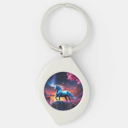 Witte hengst Fantasie Roze Tuin Sleutelhanger (Voorkant)
