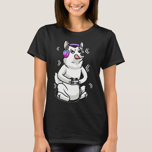 Witte Herder Hond Gamer Video Gaming Wit Duits T-shirt (Voorkant)