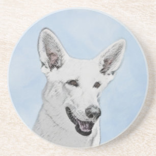 Witte herdershond Schilderij - Mooie Originele Hon Zandsteen Onderzetter