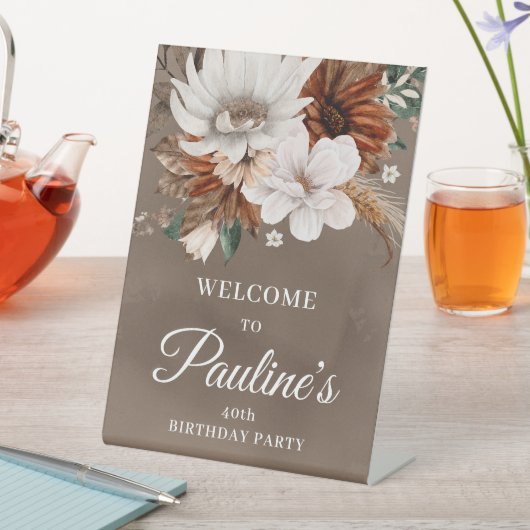 Witte Herfst Bloemen 40e Verjaardag Reclamebord Met Voetstuk (Insitu)