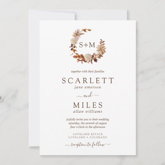 Witte Herfst Terracotta Monogram Bruiloft Kaart (Voorkant)