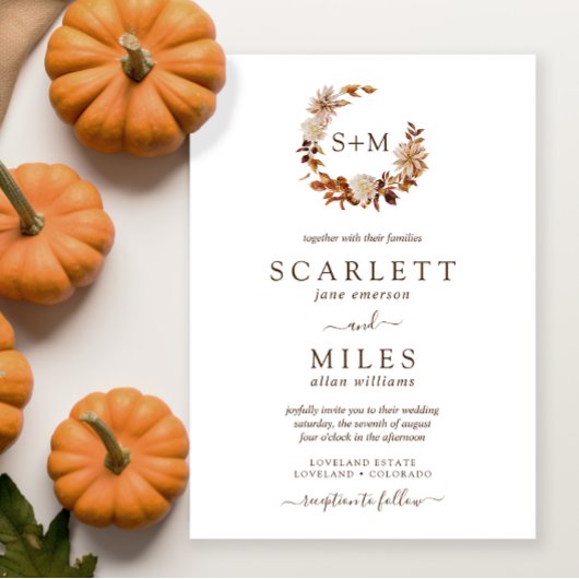 Witte Herfst Terracotta Monogram Bruiloft Kaart