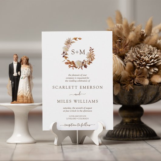 Witte Herfst Terracotta Monogram Wreath Wedding Kaart