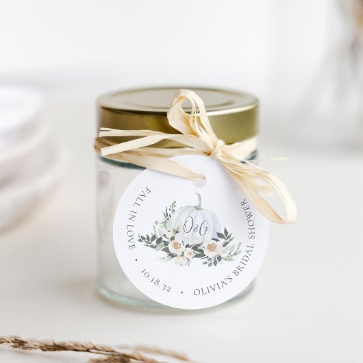 Witte herfstpompoen groen monogram bedankjes labels
