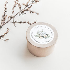 Witte herfstpompoen groenblijvende monogram favori ronde sticker