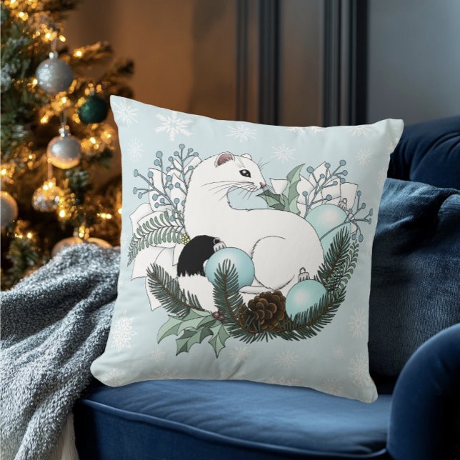 Witte Hermelijn Blauwe Kerstsneeuwvlokken  Kussen (Creator heeft geüpload)