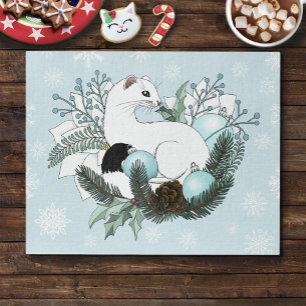 Witte Hermelijn Blauwe Kerstsneeuwvlokken Legpuzzel