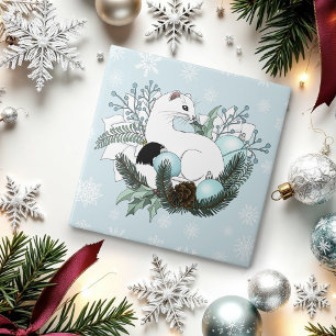 Witte Hermelijn Blauwe Kerstsneeuwvlokken Tegeltje