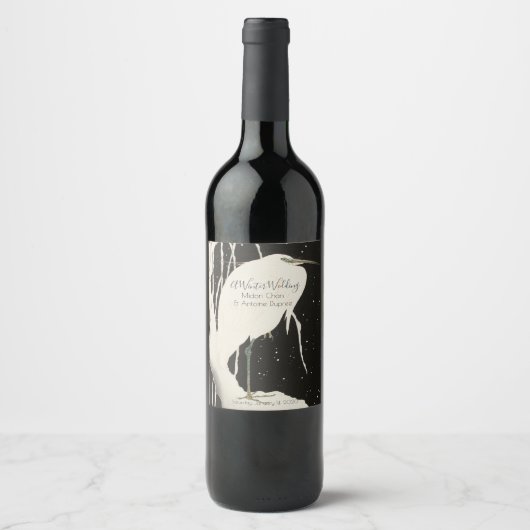 Witte Heron Winter bruiloft viering receptie Wijn Etiket (Voorkant)