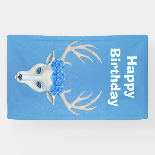 Witte Herten Hoofd Grote Antlers Blauwe Rozen Verj Spandoek (Horizontaal)