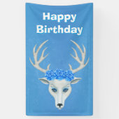 Witte Herten Hoofd Grote Antlers Blauwe Rozen Verj Spandoek (Verticaal)