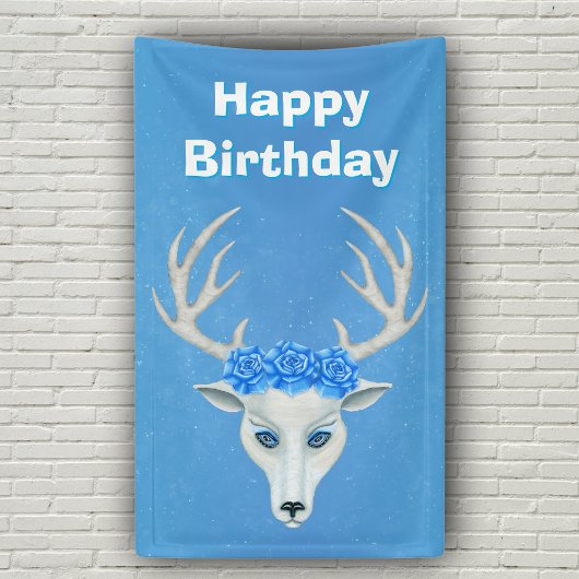 Witte Herten Hoofd Grote Antlers Blauwe Rozen Verj Spandoek
