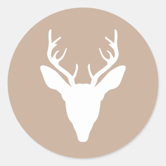 Witte herten kop silhouet op beige ronde sticker (Voorkant)