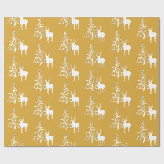Witte herten met gestileerde boom in goud en wit cadeaupapier (Vlak)