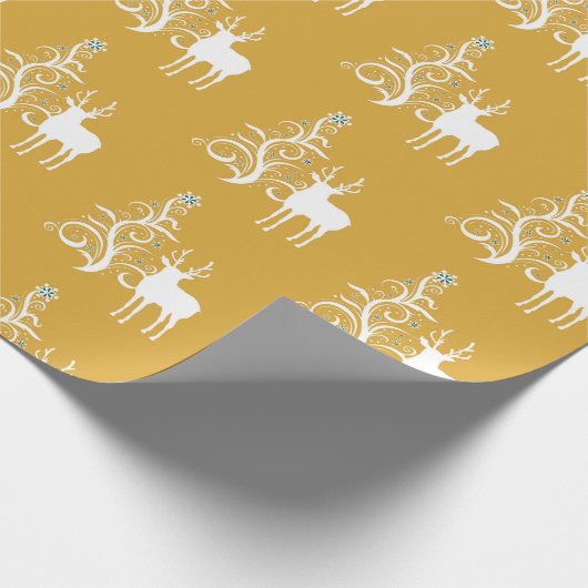 Witte herten met gestileerde boom in goud en wit cadeaupapier (Hoek)