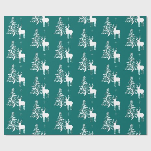 Witte herten met gestileerde boom in groen en wit cadeaupapier (Vlak)