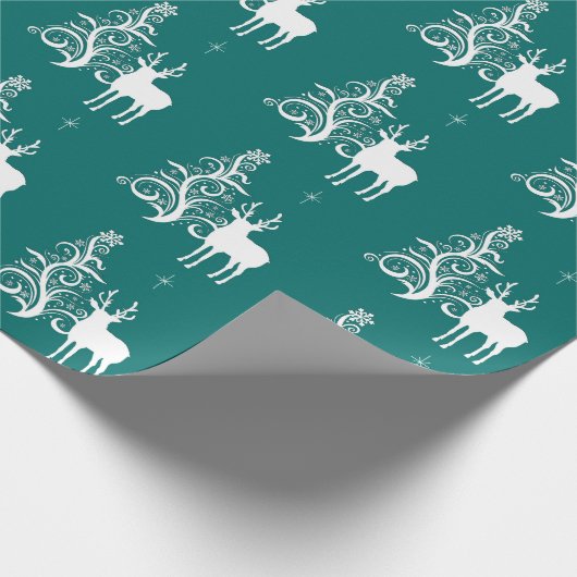 Witte herten met gestileerde boom in groen en wit cadeaupapier (Hoek)