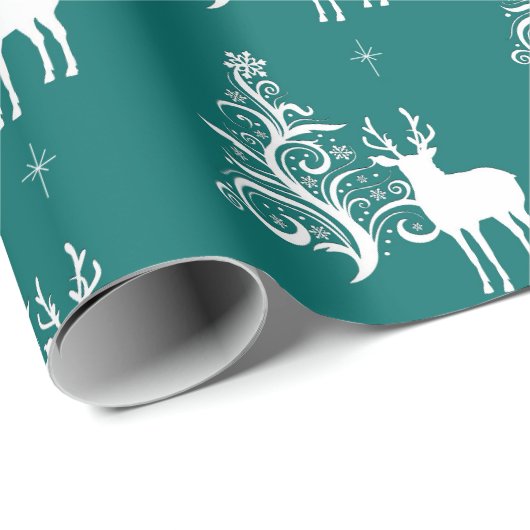 Witte herten met gestileerde boom in groen en wit cadeaupapier (Rol Hoek)