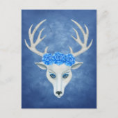 Witte hertenkop met gewei grote blauwe Rozen Briefkaart (Voorkant)