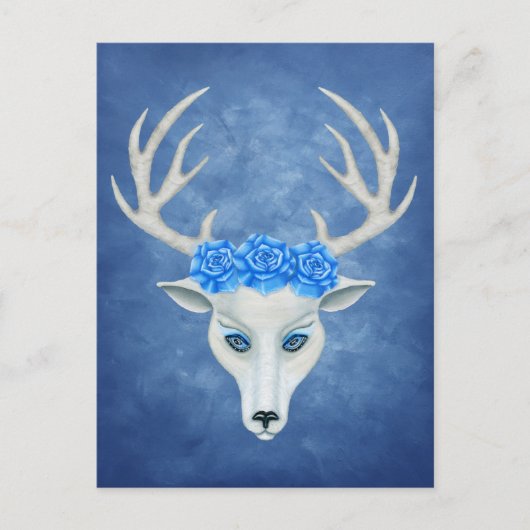 Witte hertenkop met gewei grote blauwe Rozen Briefkaart (Voorkant)