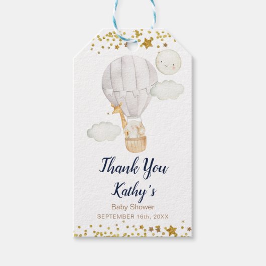 Witte Hete Luchtballon Oerwoud Dieren Gouden Glitt Cadeaulabel (Voorkant)