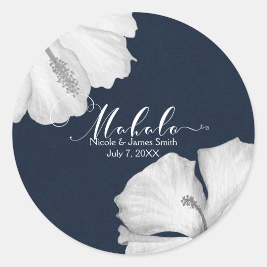 Witte Hibiscus Blauw Tropische Bruiloft Favor Maha Ronde Sticker (Voorkant)