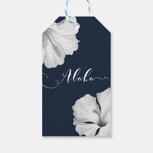 Witte Hibiscus Blauwe Tropische Bruiloft Aloha Fav Cadeaulabel (Achterkant)