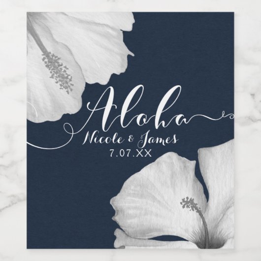 Witte Hibiscus Blauwe Tropische Bruiloft Aloha Wij Wijn Etiket (Enkel label)