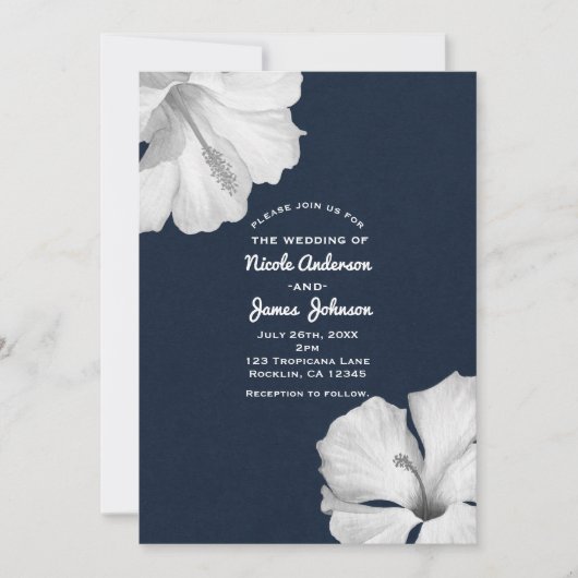 Witte Hibiscus Blauwe Tropische Huwelijksuitnodigi Kaart (Voorkant)
