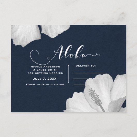 Witte Hibiscus Blauwe Tropische Save the Date Aankondigingskaart (Achterkant)