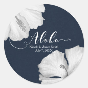 Witte Hibiscus Blauwe Tropische Trouwgunst Aloha Ronde Sticker