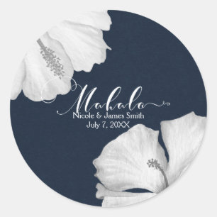 Witte Hibiscus Blauwe Tropische Trouwgunst Mahalo Ronde Sticker