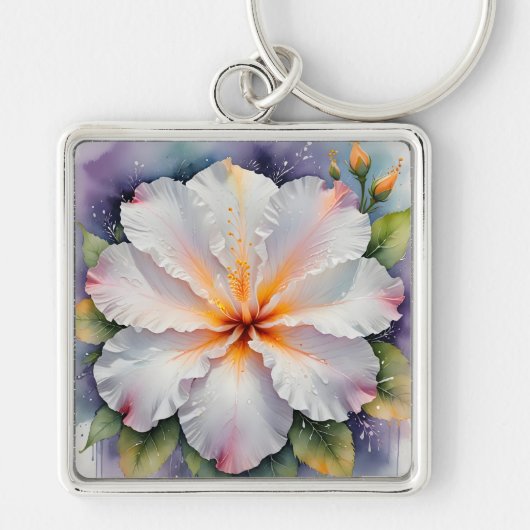 witte hibiscus bloem sleutelhanger (Voorkant)