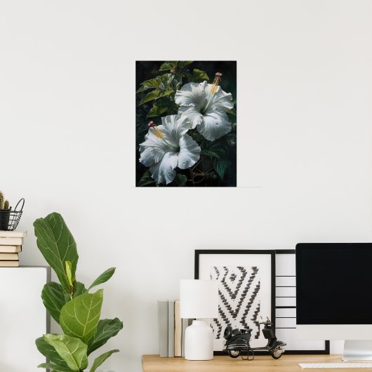 Witte Hibiscus Bloemen Art Print Poster (Thuiskantoor)