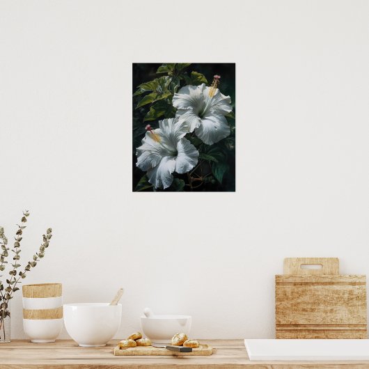 Witte Hibiscus Bloemen Art Print Poster (Keuken)