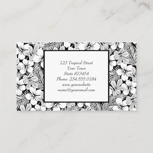 Witte hibiscus en palmbladeren visitekaartje (Achterkant)