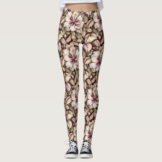Witte Hibiscus op Maroon Leggings (Voorkant)
