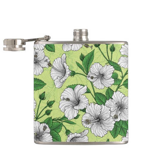 Witte Hibiscus Tropisch Bloempatroon Heupfles (Geopend)