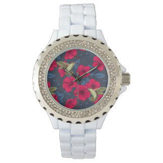 Witte Hibiscus Tropisch Bloempatroon Horloge