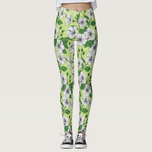 Witte Hibiscus Tropisch Bloempatroon Leggings