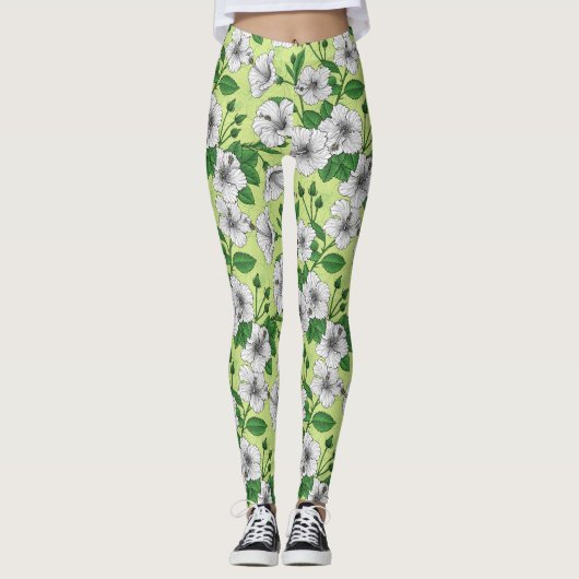 Witte Hibiscus Tropisch Bloempatroon Leggings (Voorkant)