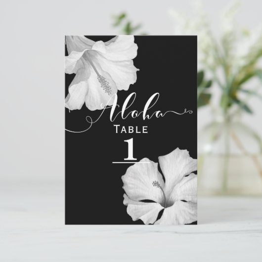 Witte Hibiscus Zwart Tropische Trouwtafel Nummer Kaart (Staand voorkant)